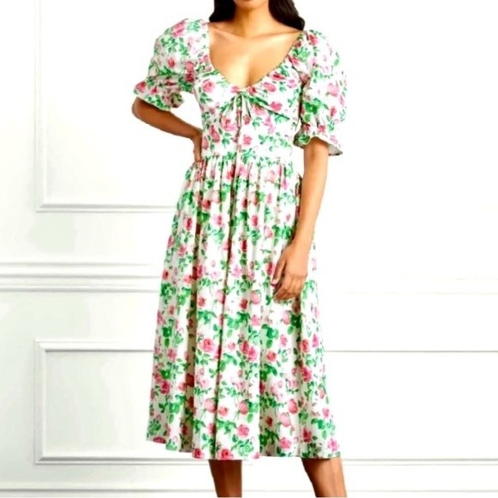 NEW Hill House The Ophelia Dress in Pink Roses Midi Puff Sleeves Size S